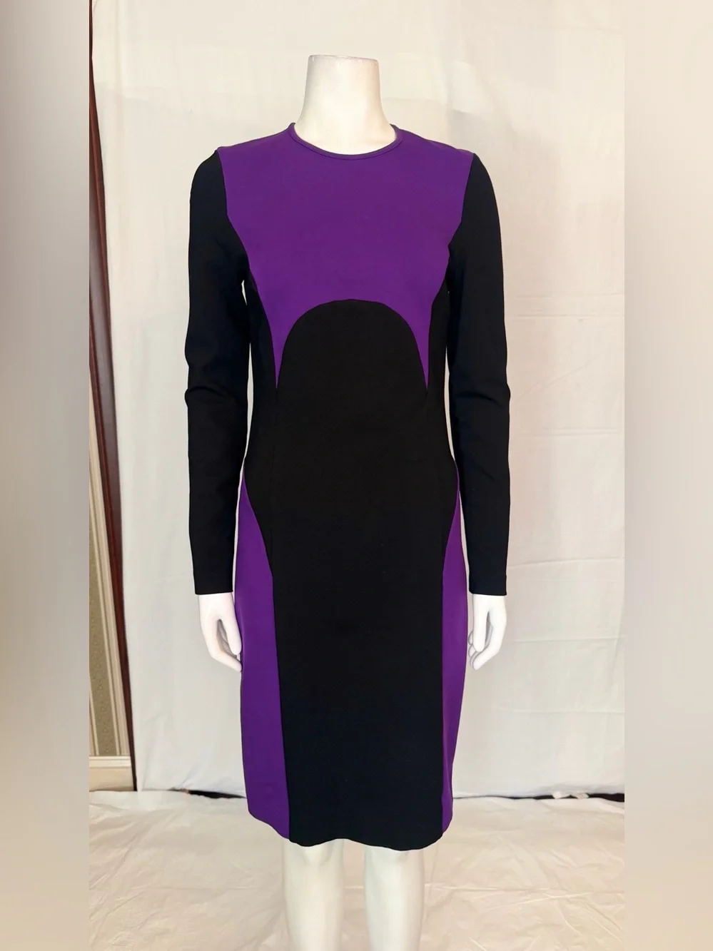 Michael Kors Purple and Black Long Sleeve Colorblock Sheath Dress